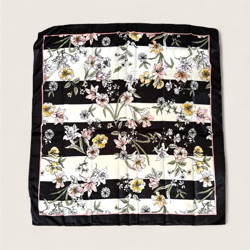 PINK & YELLOW FLORAL PRINT ON BLACK & WHITE STRIPED BACKGROUND SILKY SCARF! NEW